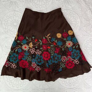 JOHNNY WAS Colorful Floral Embroidered Skirt Brown Silk 30" waist